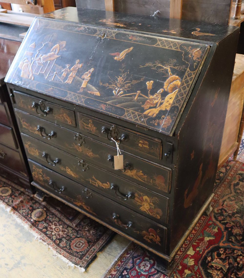 A George III black and red japanned bureau, width 91cm depth 50cm height 100cm